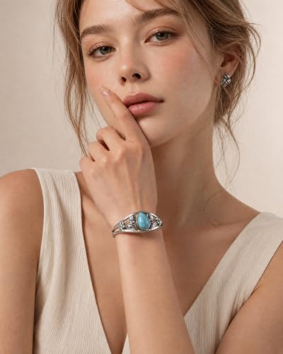 Boho Vintage Turquoise Cuff Bracelet for Women Silver Open Bangle Cuff Western Adjustable Bracelet for Everyday Wear