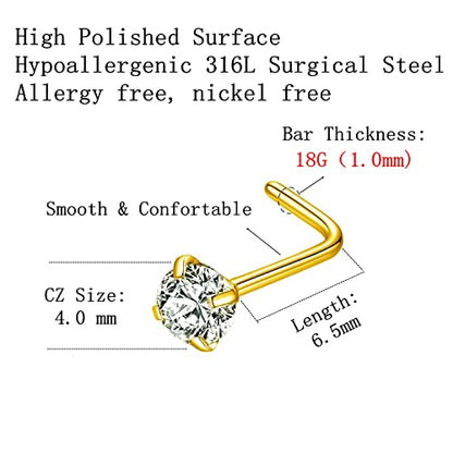316L Surgical Steel 22g/20g/18g Nose Rings Studs L-Shape Nose Nostrial Piercing Body Jewerly L Shaped Nose Studs 1.5mm 2mm 2.5mm 3mm CZ Nose Screw Studs Rings for Women - style: 6pcs/L-shape/18g/4.0mm Clear CZ/Gold