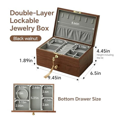 Jewelry Box Organizer for Women & Men 2-Layer Lockable | Wooden with Velvet Lining, Black Walnut Double Layer, Earring Ring Necklace Organizer, Lock & Key, Brass Handles - style: 2-layer lockable