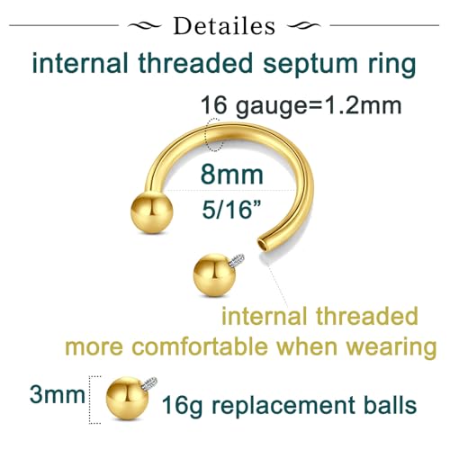 Longita Internally Threaded Septum Ring Silver Black Gold Septum Rings 16G Septum Piercing Surgical Steel Septum Jewelry Septum Nose Rings 16 Gauge Small Septum Ring Horseshoe with Replacement Balls - color: B1-gold-8mm
