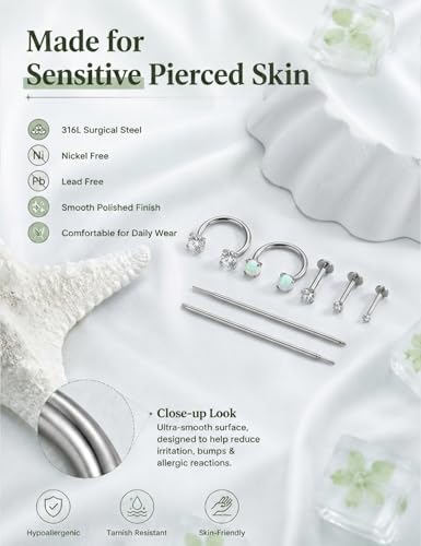 18G 316L Surgical Steel Horseshoe Nose Ring & Threadless Stud Set | Includes CZ and opal horseshoe rings, 3 threadless CZ studs and taper tools for nostril, septum, tragus and labret.