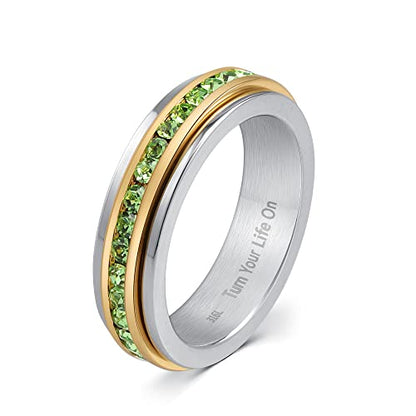 Muses Art Design Fidget Rings, Anxiety Rings, Spinner Rings, Band Rings with Birthstone, Stainless Steel, Women and Men, Meditation Rings, Thumb Rings, Stress Relieving and Anxiety Reducing - color: August - Peridot