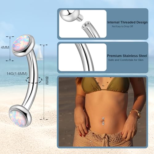 3-12 Pcs 14G Belly Button Rings Belly Rings for Women CZ Opal Navel Rings Belly Piercings Jewelry Belly Barbells Stainless Steel Body Belly Button Piercing Jewelry - color: Silver/Clear CZ 5pcs 8mm