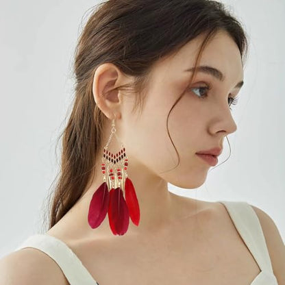 Faux Feather Fringe Tassel Long Dangle Earrings for Women | Bohemian Women Tassel Drop Jewelry - color: dark red