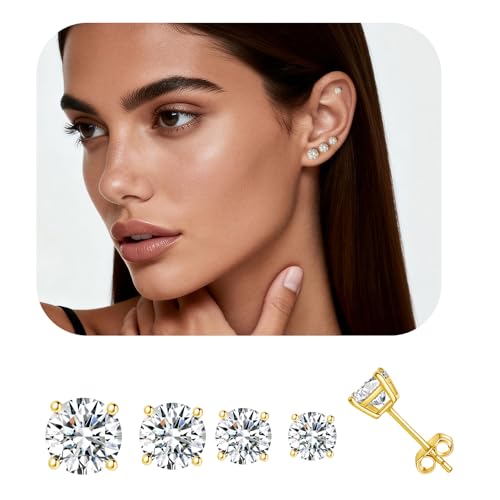 Gold Stud Earring Set for Women Men, Round CZ Earrings Hypoallergenic | 925 Silver Post , 4 Holes Small Studs Earrings Multiple Piercing Cartilage Tragus Trendy Post Cute Earrings Stacks Jewelry - color: 14k gold