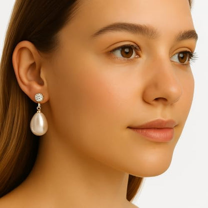 Pearl Clip on Earrings for Women - 14K Gold Silver Plated Cubic Zirconia Non Pierced Ear Clips Jewelry Gifts for Wedding Bridal Party Gifts - color: White-10mm