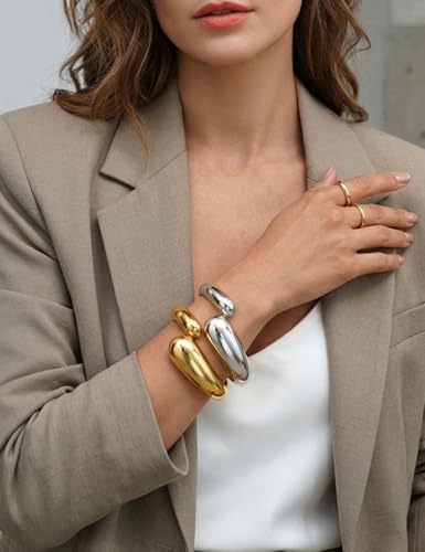 Chunky Gold Bangle Bracelets for Women, Dainty 14k Gold Plated Big Stackable Bangles Set, Trendy Statement Cuff Bracelet Stack Fashion Jewelry Gifts - style: 2 Silver & gold teardrop chunky bangles