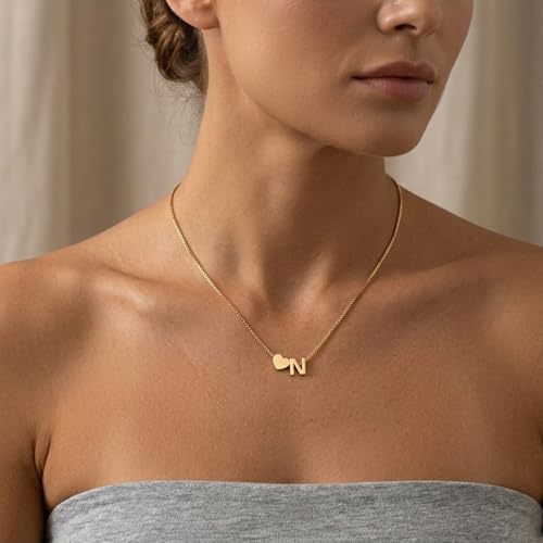 18K Real Gold Plated Heart Initial Necklace for Women-Personalized A-Z Letter Pendant on Durable Stainless Steel Box Chain (16+2.5 inch Adjustable) Hypoallergenic Everyday Jewelry Gift Boxed for Mom Wife - style: Gold:N