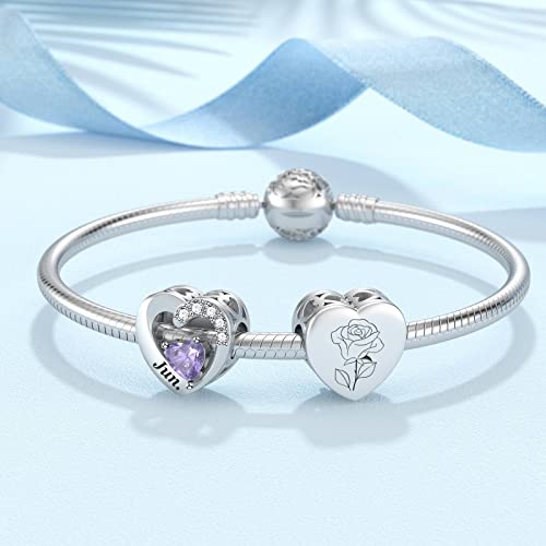 SEVENWELL Jan-Dec Birthstone Charms for Pandora Bracelets, Heart Charm | Fits Most European Charm Bracelets, Sparkling Heart CZ, Birth Flower Engraved, Gift Ready, Nickel-Free - color: June Birthstone Charm