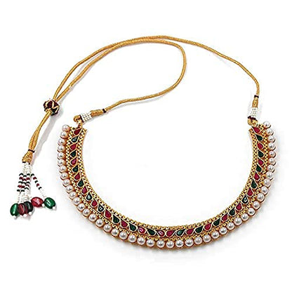 Aheli Ethnic Faux Kundan Pearl Fancy Bridal Choker Necklace Indian Traditional Bollywood Jewelry Set with Earrings Gift for Women - color: Red & Green