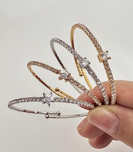 OZEL – Women’s Gold Cuff Bracelets – 18K Gold Plated Textured Bangles with Multi-Color Crystal & Rhinestone Accents – Layered Stacking Jewelry - color: RH_Star