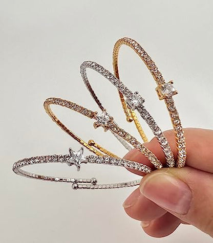 OZEL – Women’s Gold Cuff Bracelets – 18K Gold Plated Textured Bangles with Multi-Color Crystal & Rhinestone Accents – Layered Stacking Jewelry - color: RH_Star