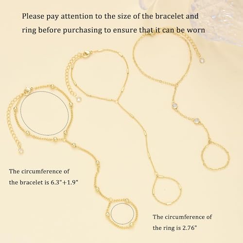 3PCS 14K Gold-Plated Hand Chain Bracelets for Women, Stack Bracelets Set Adjustable, Trendy Dainty Ring Bracelet Hand Chain - color: gold-5-trendy