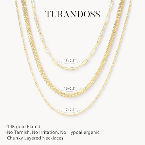 Turandoss Layered Necklaces for Women, 14K Gold Plated Chain Necklace Stack | Non Tarnish Gold Necklaces for Women, Toggle Clasp Herringbone Rope Satellite Cuban Link Chain Necklace, Trendy Jewelry Gifts - color: paperclip+cuban link+twist