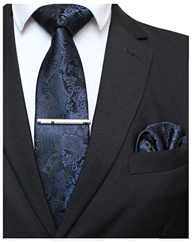 JEMYGINS Mens Solid Color Paisley Necktie and Pocket Square with Tie Clip Sets - color: Navy Blue
