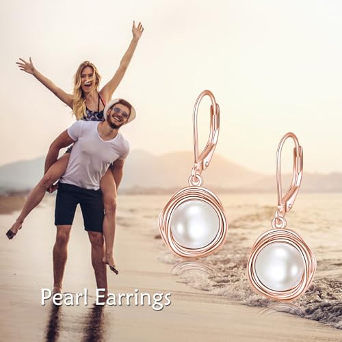 FreshWater Pearl Dangle Earrings 925 Sterling Silver Lapis lazuli Turquoise Larimar Opal Black Pearl Leverback Earrings for Women Birthday Hypoallergenic - style: pearl earrings rose gold Plated
