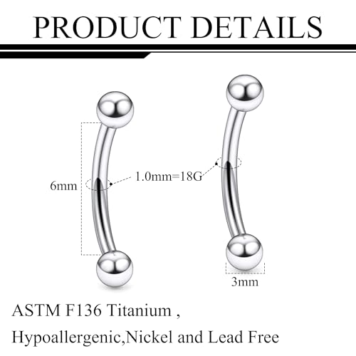 20g 18g 16g 14g Rook Piercing Jewelry Titanium Externally Threaded Curved Barbell Eyebrow Tragus Helix Conch Lobe Labret Earrings Lip Rings Body Piercing Jewelry For Women Men Ball Spike 6mm-19mm - size: 18G - 6mm Ball