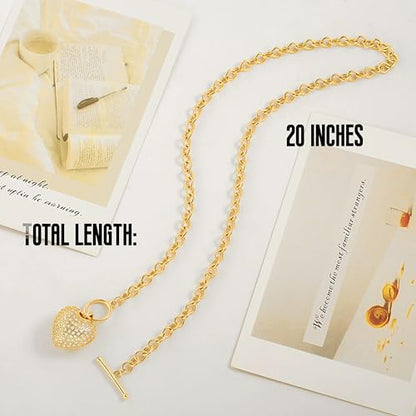 18k Gold Plated Chain Link Necklace for Women, Baroque Pearl/Compass Pendant Necklace - color: CZ Heart