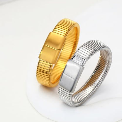 Gold Chunky Stretch Snake Chain Bangle Bracelets Stack for Women Trendy, 18K Gold Filled Stainless Steel Stretchy Womens Stackable Wristband Bangles Bracelet Set - style: 1PC 16MM