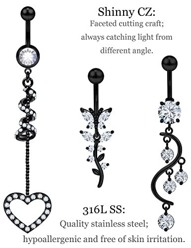 7PCS 14G 10mm Stainless Steel Dangle Belly Button Rings for Women Belly Piercing CZ Inlaid - style: Black-B