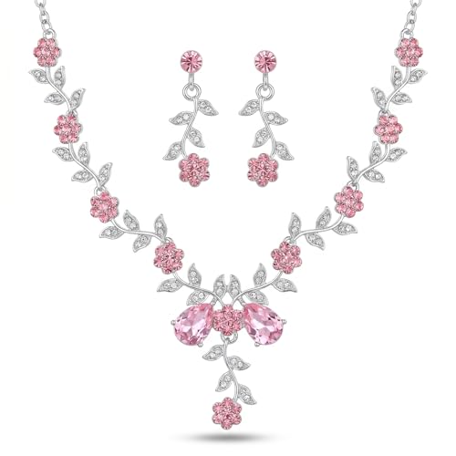 Kamirola Women's Wedding Jewelry Leaf Cluster Flower Crystal Dangle Earrings Pendant Necklace Set for BridalCrystal Bridal Jewelry Set - color: Silver Pink
