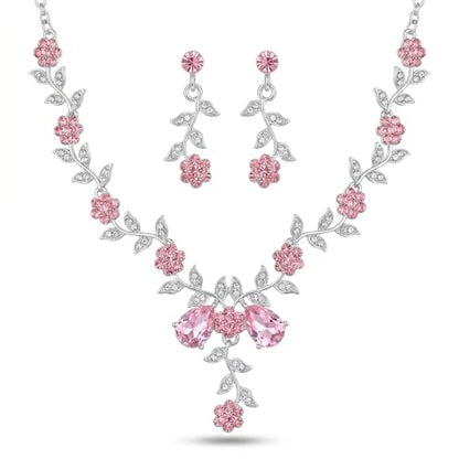 Kamirola Women's Wedding Jewelry Leaf Cluster Flower Crystal Dangle Earrings Pendant Necklace Set for BridalCrystal Bridal Jewelry Set - color: Silver Pink