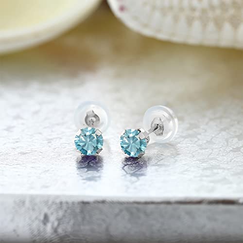 Gem Stone King 14K Gold Gemstone Birthstone Stud Earrings For Women Men | 4MM Round Cut | Solitaire Gold Studs with Secure Backs | Fine Jewelry for Her Him Mom Dad Wife - color: Blue Zircon