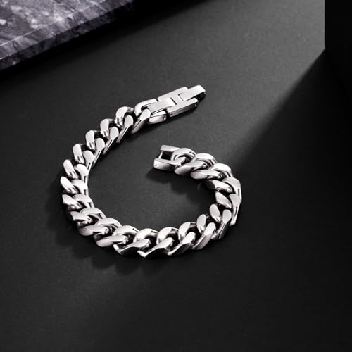 Mens Bracelet-Stainless Steel Fold Over Clasp Cuban Chain-Bracelets for Men - color: E-Silver