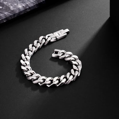Mens Bracelet-Stainless Steel Fold Over Clasp Cuban Chain-Bracelets for Men - color: E-Silver