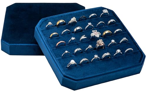 Multiple Velvet Ring Storage Organizer Display Tray Jewelry Box | Earring Holder Case for Wedding Birthday Christmas Day (Dark Blue) - color: Dark Blue