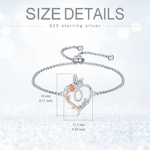 TOUPOP Gifts for Women Rose Heart Initial Bracelet 925 Sterling Silver Butterfly Letter Link Bracelet Love Jewelry Anniversary Birthday Gifts for Wife Girlfriend Mom Her - style: Initial O