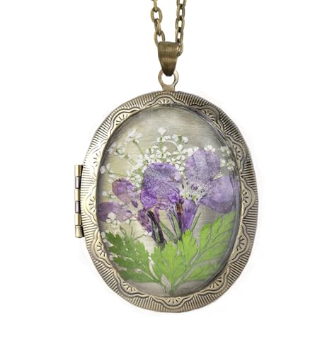 Handmade Oval Shaped Photo Locket with dried Pressed Flowers Locket pendant Necklace - style: Oval-Purple Lobelia
