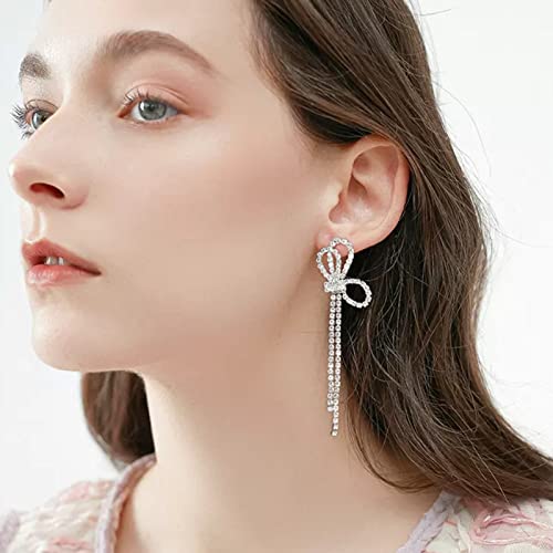 HERIER Rhinestone Earrings Dangling for Women Chandelier Statement Tassel Earrings Girls Silver Sparkly Drop Cubic Zirconia Crystal Earrings Long Dangle Costume Jewelry - color: Silver-Bow Tassel