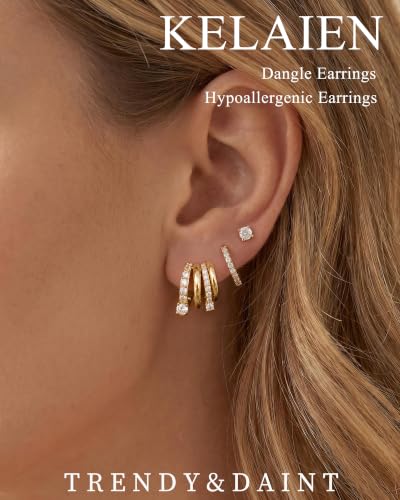 Dangle Gold Earrings for Women Trendy Triple Huggie Chain Earrings 14K Gold Plated Statement Cute Drop Dangle Earrings Dainty Hypoallergenic Chunky Hoop Earrings Fun Earring Stacks Jewelry - color: I-CZ Earrings