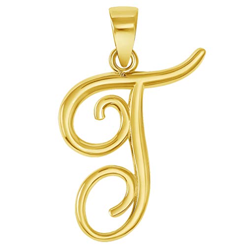 Jewelry America Solid 14k Yellow Gold Elegant Script Letter Cursive Initial Pendant - A to Z - style: T