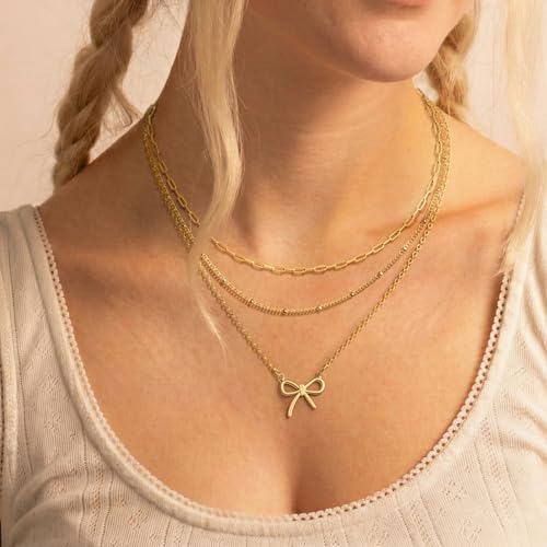 Layered Bow Necklace for Women, 18K Gold Plated Dainty Necklaces Set Stackable Pendant Trendy Cute Choker Jewelry Gift for Her