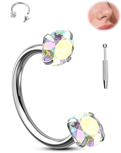 Jewseen Titanium Horseshoe Nose Ring 18G Double Gem Nose Ring for Women 6MM/7MM/8MM Internally Threaded Lip Septum Piercing Jewelry Horseshoe Helix/Daith/Tragus Earring for Women - color: AB CZ, size: 1.0*7mm