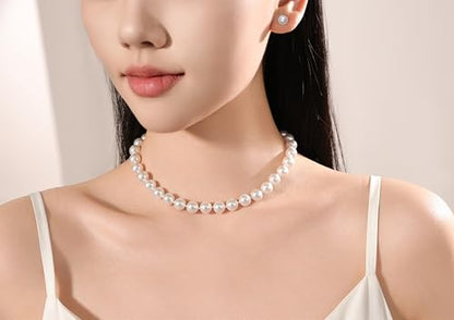 10mm Faux Pearl Necklace & Earrings Set, Elegant Jewelry for Women | Glass material, handmade product, Daily wear, Holiday gift - color: White
