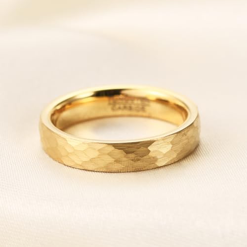 4-6mm Hammered Tungsten Wedding Band Matte for Men and Women | Matte Brushed Finish, Scratch and Fade Resistant, Engraved Faceted Pattern, Dome Profile, 4mm/6mm/8mm, Sizes 6–12 - color: 4mm Hammered Gold