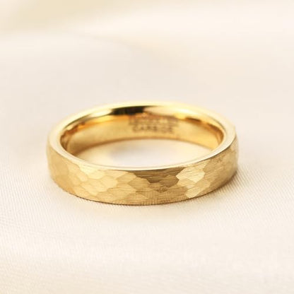 4-6mm Hammered Tungsten Wedding Band Matte for Men and Women | Matte Brushed Finish, Scratch and Fade Resistant, Engraved Faceted Pattern, Dome Profile, 4mm/6mm/8mm, Sizes 6–12 - color: 4mm Hammered Gold