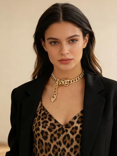 Cuban Link Chain Necklace Punk Belt Buckle Shaped Chunky Choker Necklace Statement Thick Chain Necklace Jewelry Gifts for Women Men - color: Style1-gold