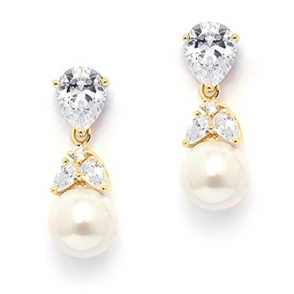 Mariell Clip-On Pearl Drop Bridal Earrings with Cubic Zirconia Crystals and Ivory Pearls For Brides, Bridesmaids, Weddings, Jewelry Gift for Women - color: Gold