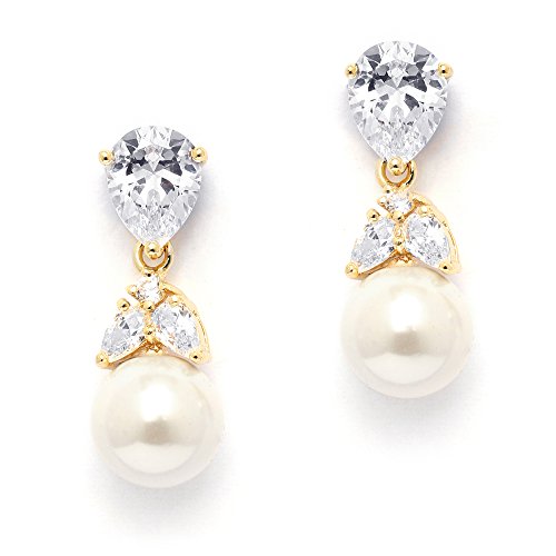 Mariell Clip-On Pearl Drop Bridal Earrings with Cubic Zirconia Crystals and Ivory Pearls For Brides, Bridesmaids, Weddings, Jewelry Gift for Women - color: Gold
