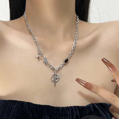 Gothic Cross Star Necklace For Men Women Silver Stainless Steel Cuban Link Paperclip Figaro Bead Chain Punk Kpop Y2k Goth Irregular Layered Cross Pendant Necklace Non Tarnish Jewelry Gift - color: Silver D