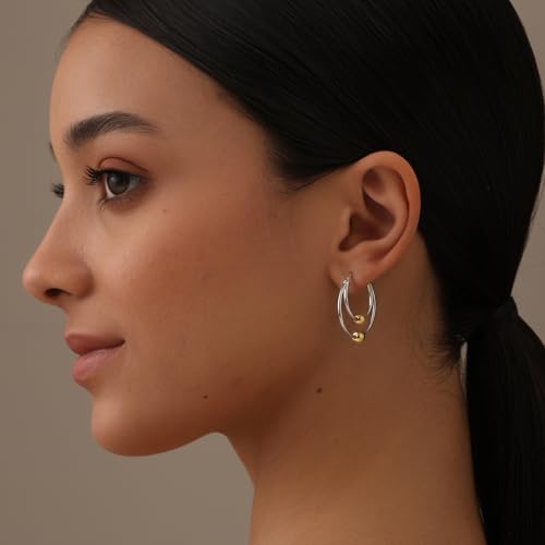 LeCalla 925 Sterling Silver Hoop Earrings for Women | Lightweight Two-Tone & Gold-Plated Hoops Earring Jewelry | Bead Ball & Evil Eye Click-Top Round & Oval Hoop Earrings Jewelry Gifts - color: Two-Tone Double Hoop