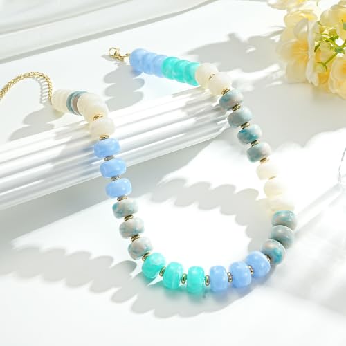 Beaded Necklaces for Women - Colorful Acrylic Beaded Chunky Necklace | Adjustable Statement Necklace, Puffy Heart Pendant, Boho Choker Necklace, Waterproof Summer Beach Jewelry, Gifts for Vacation - color: Gray-blue