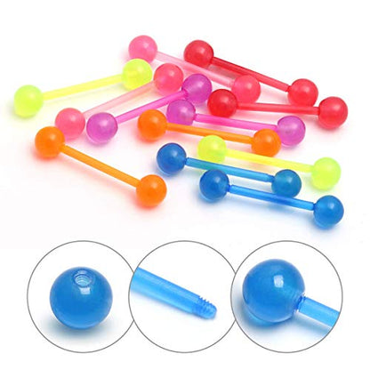 7pc GLOW IN THE DARK 14G Tongue Bar UV Acrylic Multi Color Flexible Barbell Ring Nipple Piercing Jewelry