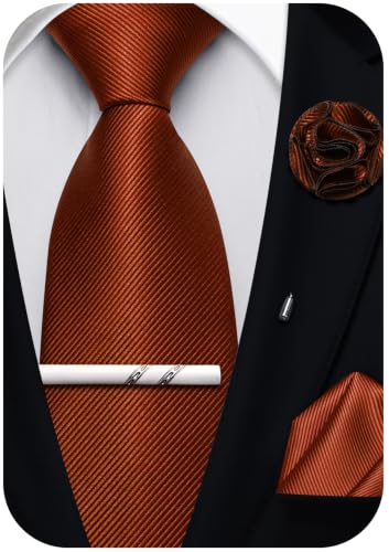 Solid Color Tie and Pocket Square with Tie Clip Lapel Pin Silk Formal Necktie Set Wedding Formal - color: Rust