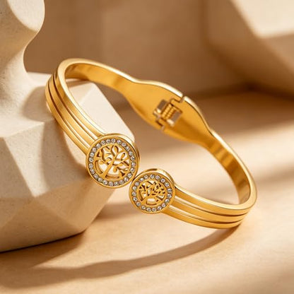 hotoo Gold Open Cuff Bangles Wide Woven Bracelets For Women Stainless Steel Stackable Jewelry For Xmas Birthday Gifts - style: Tree of Life