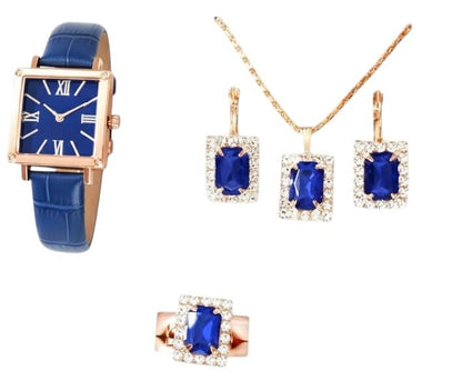 Women's Fashion Quartz Watch and Jewelry Set, Red or Blue Crystal Rhinestone Necklace Earrings Ring, Rose Gold Tone, 4 Piece Gift Set